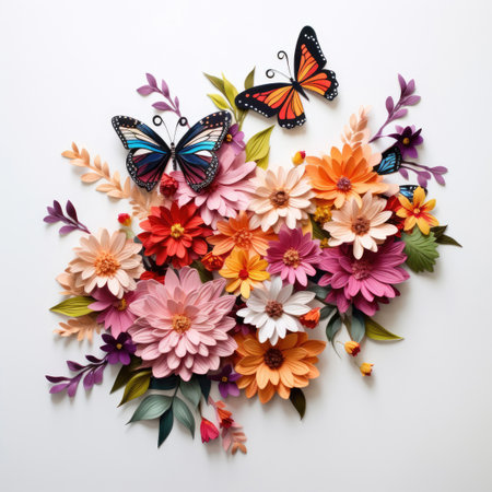 Set of flowers with some monarch butterflies flying around themの素材