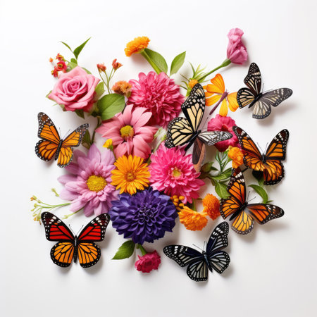 Set of flowers with some monarch butterflies flying around themの素材