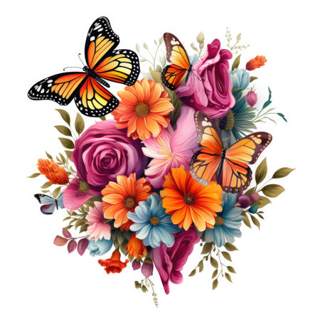 Set of flowers with some monarch butterflies flying around themの素材