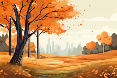 Autumn forest landscape illustration with yellow treesの素材