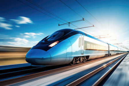 A rushing modern high-speed train on a blurred backgroundの素材