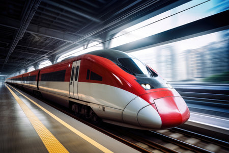 A rushing modern high-speed train on a blurred backgroundの素材