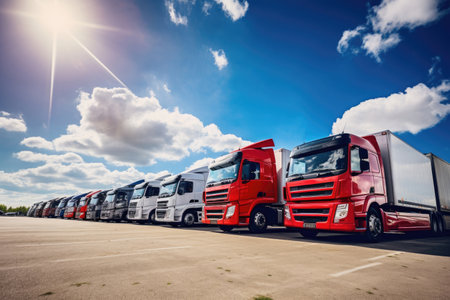 Trucks parked lined, road freight industry logistics and transportの素材