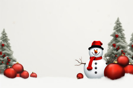 Christmas card design with snowman and fir tree with red Christmas ballsの素材