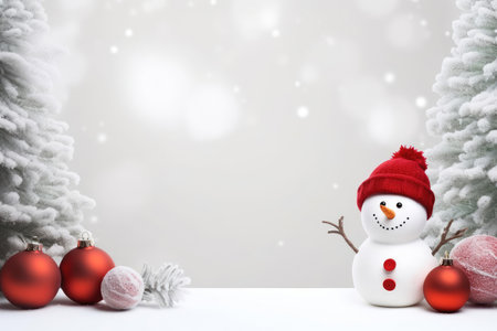 Christmas card design with snowman and fir tree with red Christmas ballsの素材