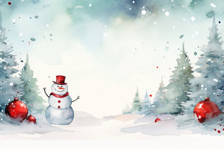 Watercolor Christmas card design with snowman and red Christmas ballsの素材