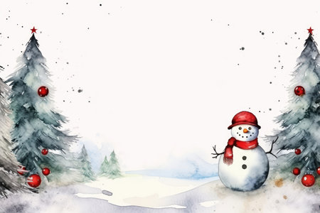 Watercolor Christmas card design with snowman and red Christmas ballsの素材