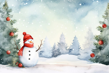 Watercolor Christmas card design with snowman and red Christmas ballsの素材
