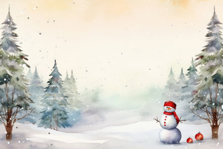 Watercolor Christmas card design with snowman and red Christmas ballsの素材