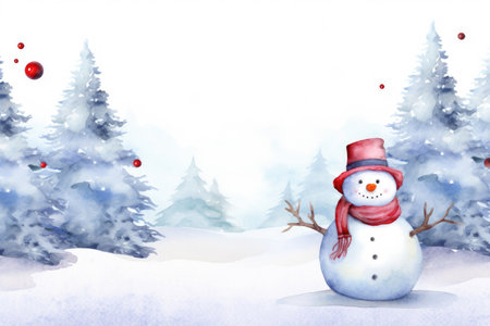 Watercolor Christmas card design with snowman and red Christmas ballsの素材