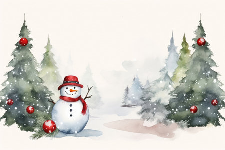Watercolor Christmas card design with snowman and red Christmas ballsの素材