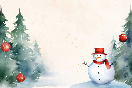 Watercolor Christmas card design with snowman and red Christmas ballsの素材