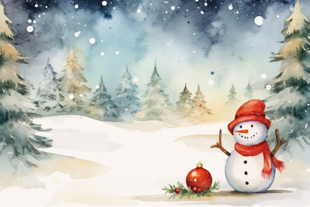 Watercolor Christmas card design with snowman and red Christmas ballsの素材