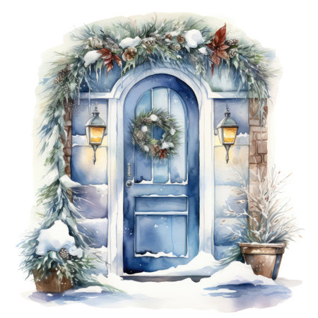 Winter door with christmas decorations, watercolor clipart, isolated white backgroundの素材