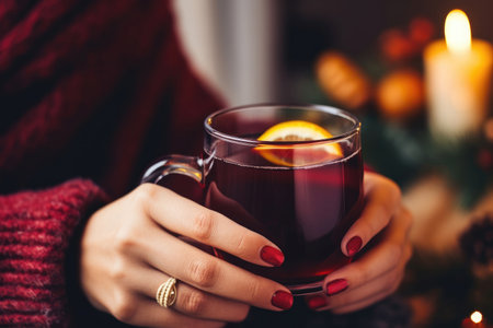 Hands holding a mug of hot mulled wine close-upの素材