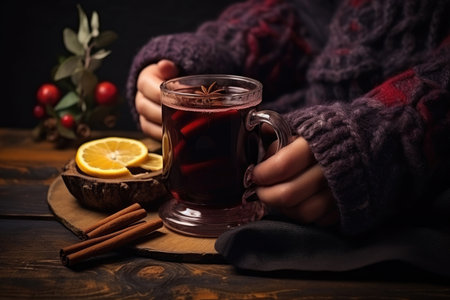 Hands holding a mug of hot mulled wine close-upの素材