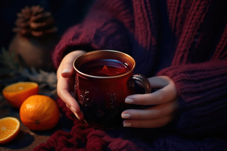 Hands holding a mug of hot mulled wine close-upの素材