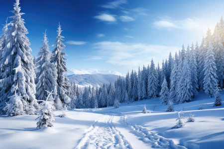 Snow-covered coniferous forest in Tien Shan mountains in Kazakhstanの素材