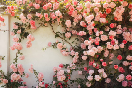 Climbing roses on the wall of the houseの素材
