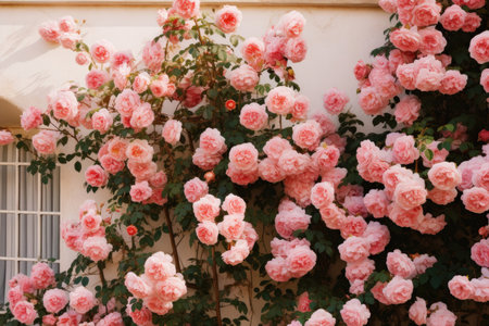 Climbing roses on the wall of the houseの素材