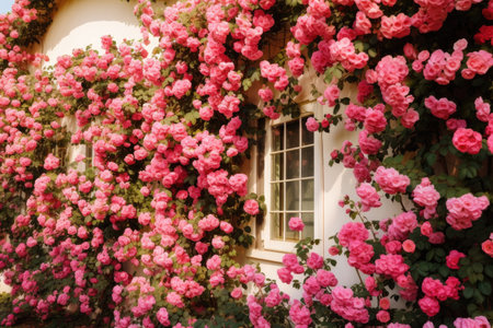 Climbing roses on the wall of the houseの素材