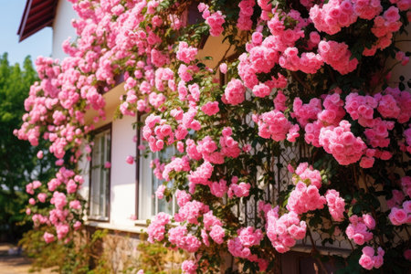 Climbing roses on the wall of the houseの素材