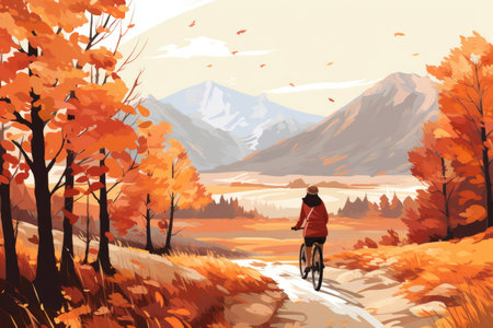 Illustration of a girl riding a bike in the autumn park in the mountainsの素材