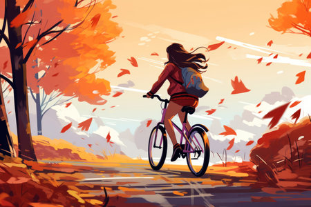 Illustration of a girl riding a bike in the autumn park in the mountainsの素材