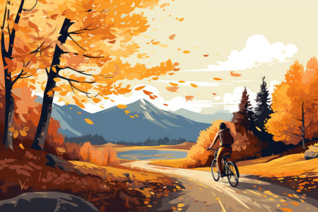 Illustration of a girl riding a bike in the autumn park in the mountainsの素材