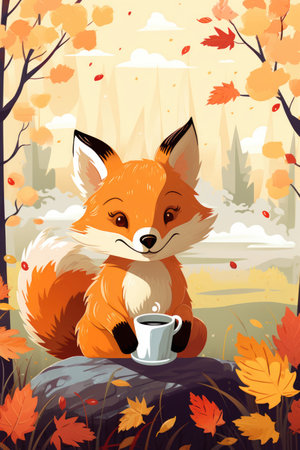 Illustration of a fox with a cup of tea in the autumn forestの素材