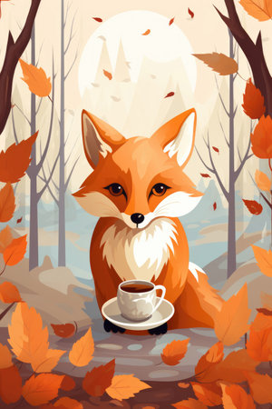 Illustration of a fox with a cup of tea in the autumn forestの素材