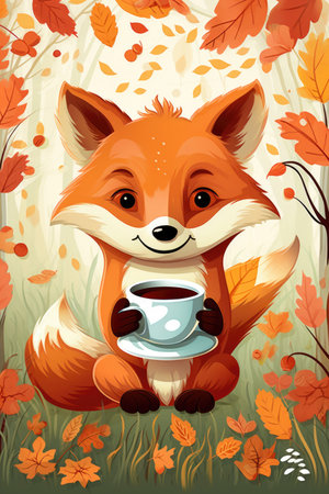 Illustration of a fox with a cup of tea in the autumn forestの素材