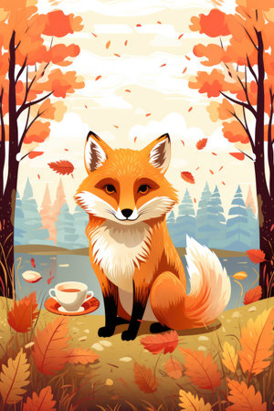 Illustration of a fox with a cup of tea in the autumn forestの素材