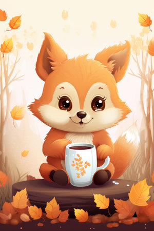 Illustration of a fox with a cup of tea in the autumn forestの素材