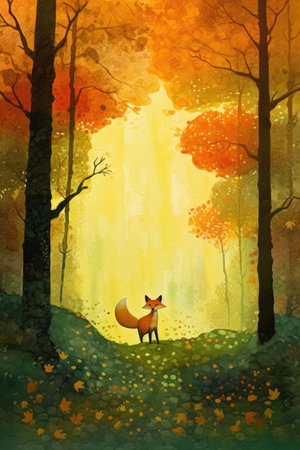 Watercolor illustration of fox in the autumn forestの素材