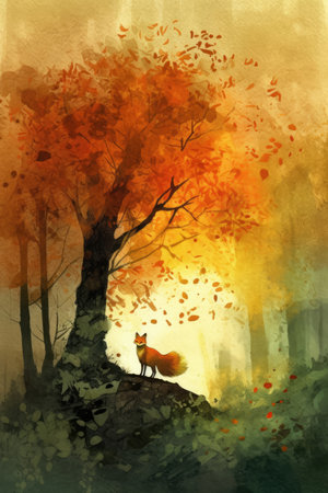 Watercolor illustration of fox in the autumn forestの素材