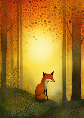 Watercolor illustration of fox in the autumn forestの素材