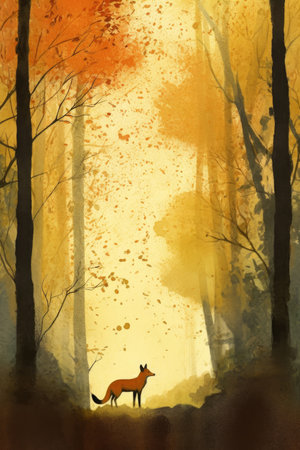 Watercolor illustration of fox in the autumn forestの素材