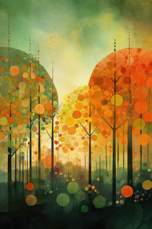 Watercolor illustration of early autumn in the forestの素材