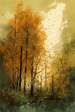 Watercolor illustration of early autumn in the forestの素材