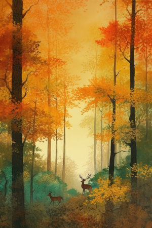 Watercolor illustration of early autumn in the forestの素材