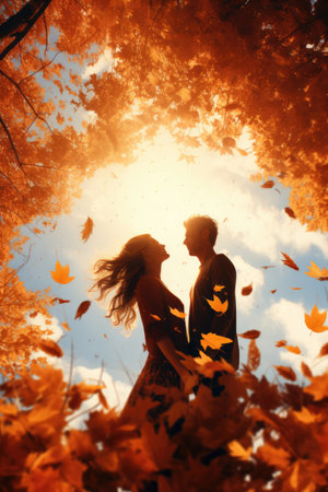 Silhouette of a couple in love against the background of falling autumn leavesの素材