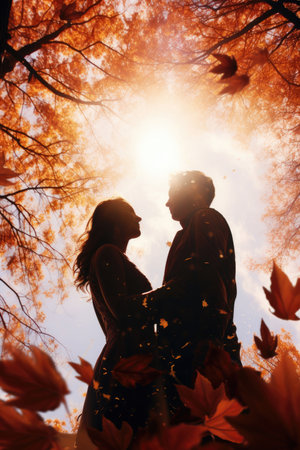 Silhouette of a couple in love against the background of falling autumn leavesの素材
