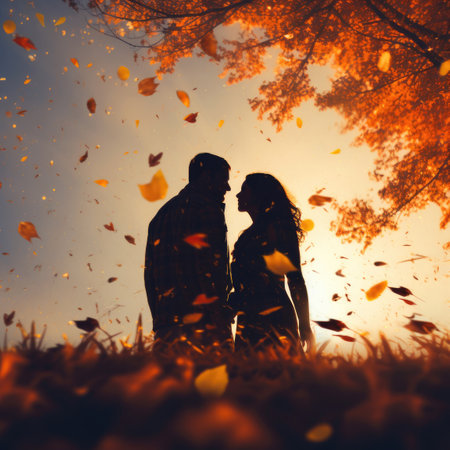 Silhouette of a couple in love against the background of falling autumn leavesの素材