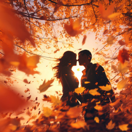 Silhouette of a couple in love against the background of falling autumn leavesの素材
