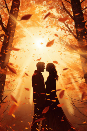 Silhouette of a couple in love against the background of falling autumn leavesの素材