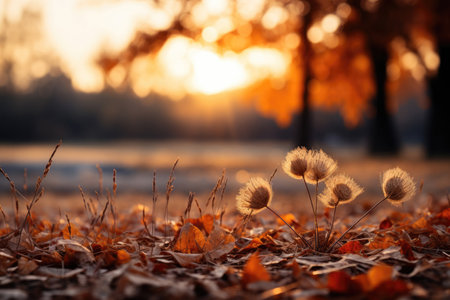 An autumn background of foliage at sunsetの素材