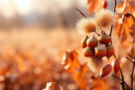 Hazelnuts on a branch close-up on an autumn backgroundの素材