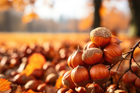 Hazelnuts on a branch close-up on an autumn backgroundの素材