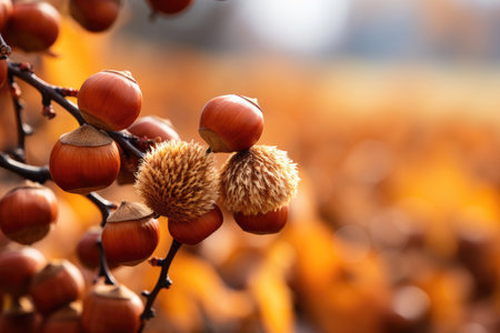 Hazelnuts on a branch close-up on an autumn backgroundの素材